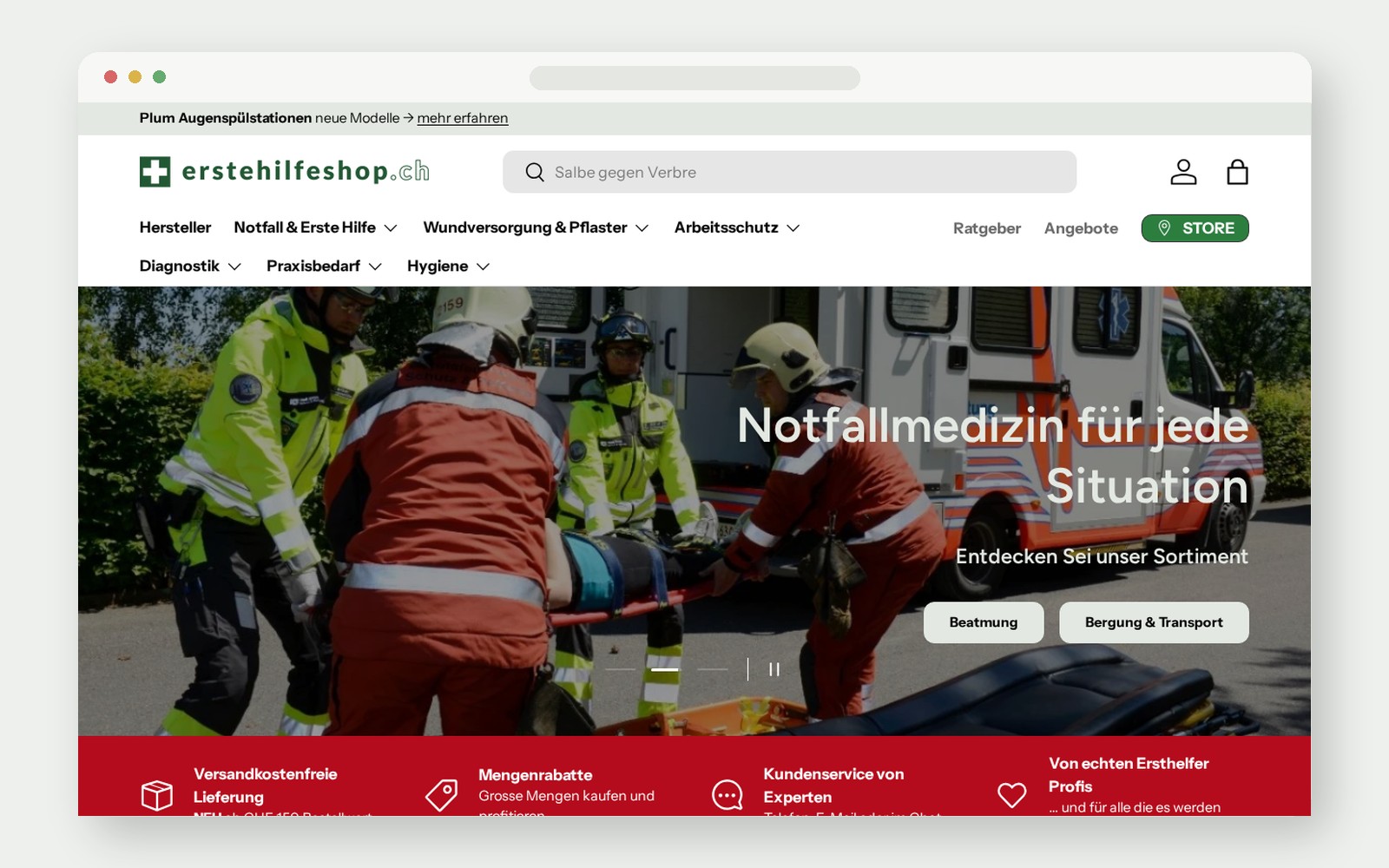 Website-Mockup des Schweizer B2B-Fachshops erstehilfeshop.ch