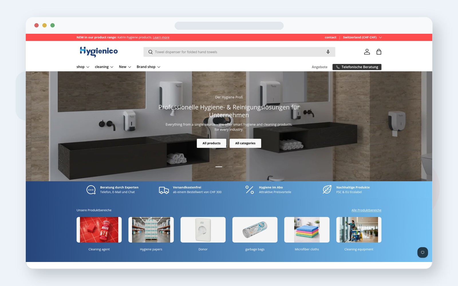 Website-Mockup des Schweizer B2B-Fachshops hygienico.ch
